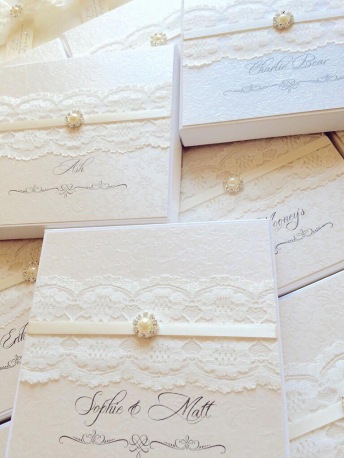 personalised wedding invitation boxes with lace and pearl